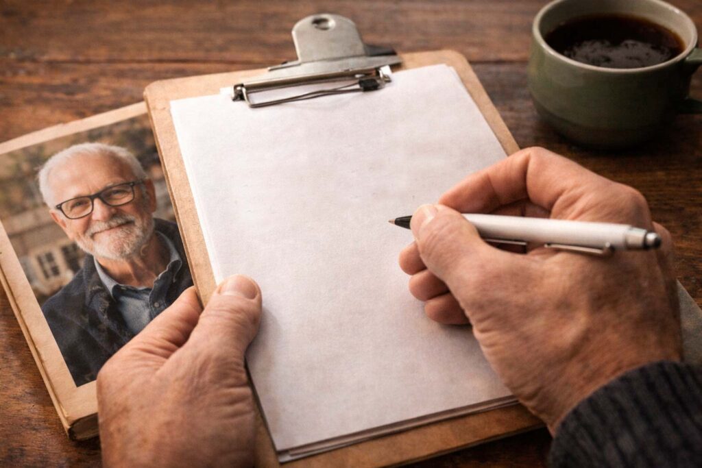 Esquelas para vivos. Todo por escribir. Folio en blanco.